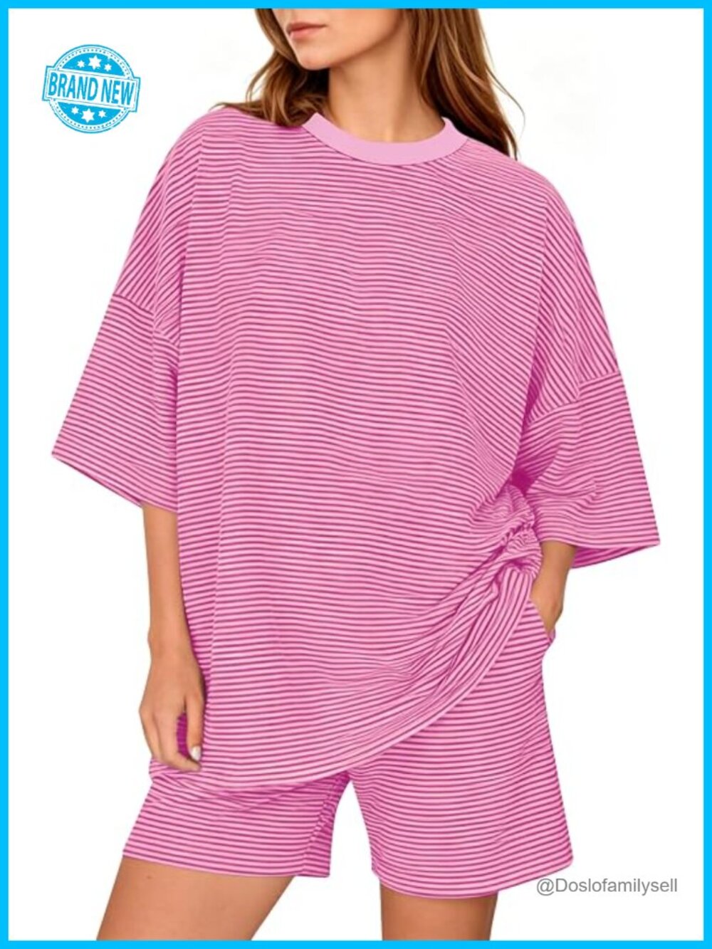 Women 2 Piece Striped Lounge Set Short Sleeve Oversized T-Shirt Pjs Shorts